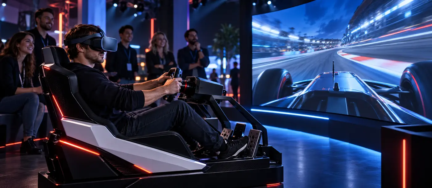 Participante utilizando realidade virtual em um simulador de corrida durante um evento